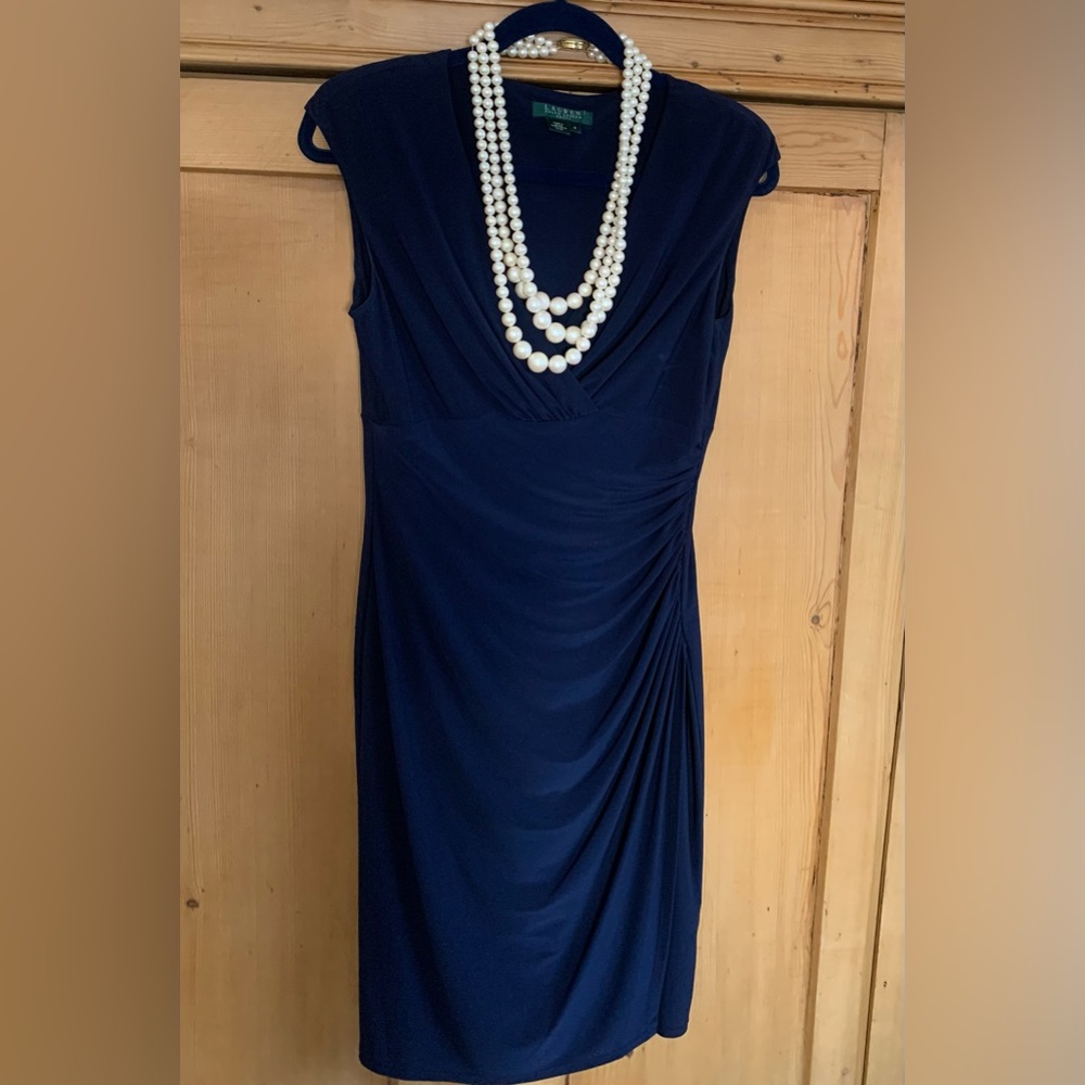 Ralph Lauren Navy Blue Ruched Surplice Dress Sz 6 Women's – Elegant & Timeless